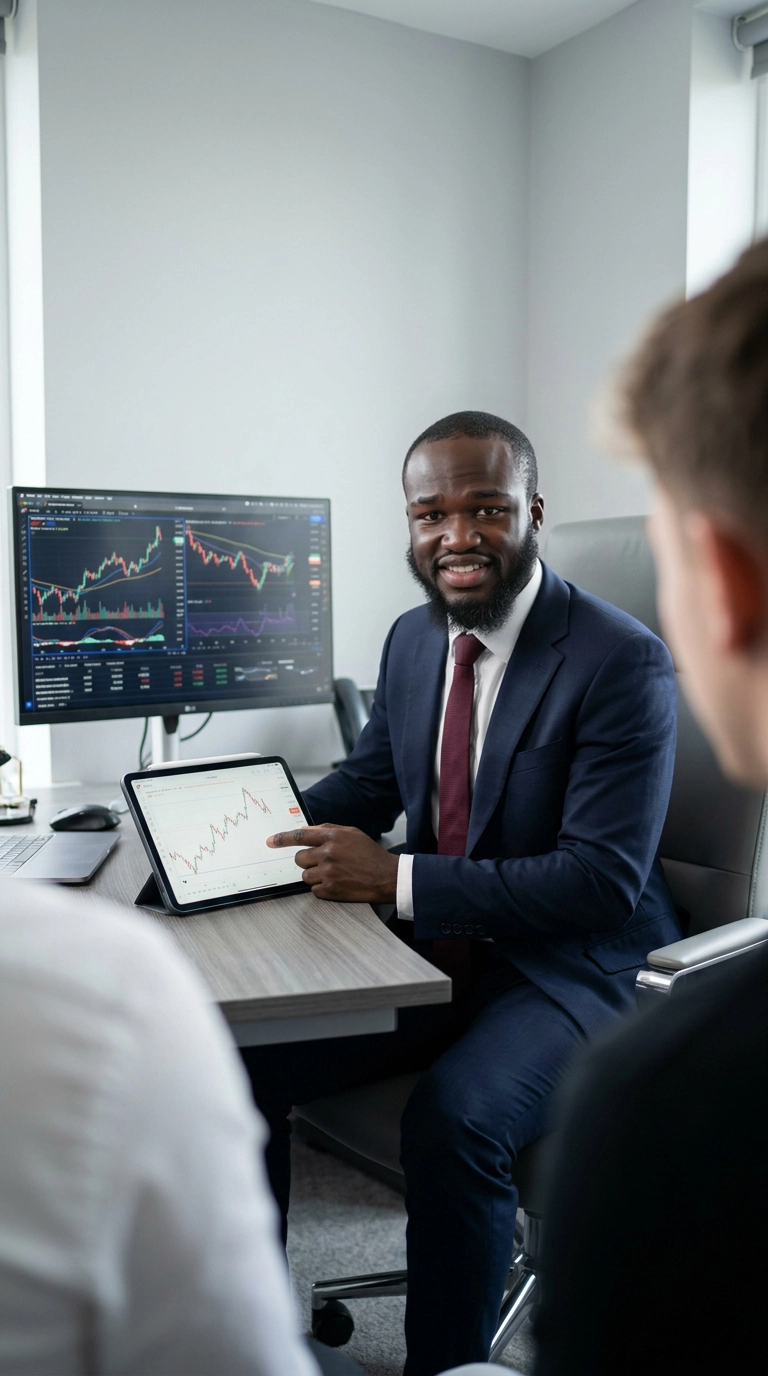 Pkunzy educator coaching a student through market analysis in the academy office