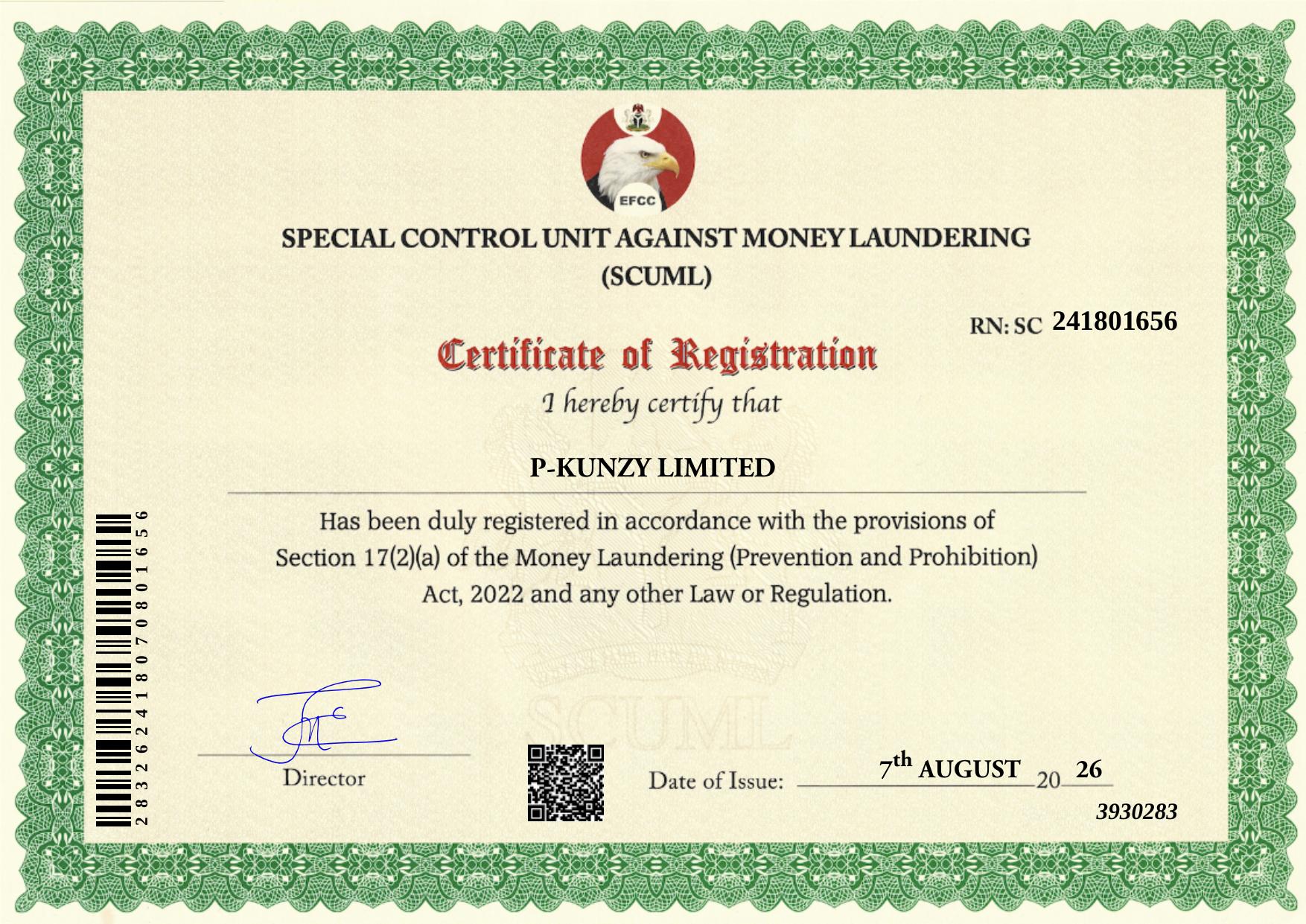 Registered Business — SCUML Certificate